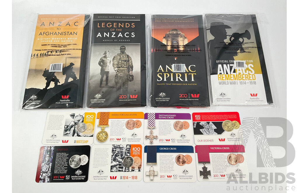 Four Australian RAM ANZAC Coin Albums Including Years 2016 ANZAC to Afghanistan, 2017 Legends of the ANZACS, 2018 ANZACS Remembered, 2018 ANZAC Spirit