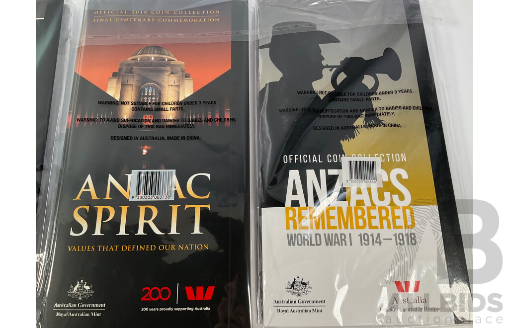 Four Australian RAM ANZAC Coin Albums Including Years 2016 ANZAC to Afghanistan, 2017 Legends of the ANZACS, 2018 ANZACS Remembered, 2018 ANZAC Spirit