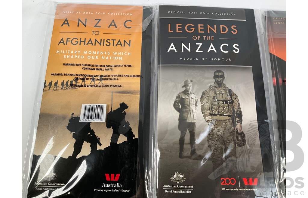 Four Australian RAM ANZAC Coin Albums Including Years 2016 ANZAC to Afghanistan, 2017 Legends of the ANZACS, 2018 ANZACS Remembered, 2018 ANZAC Spirit