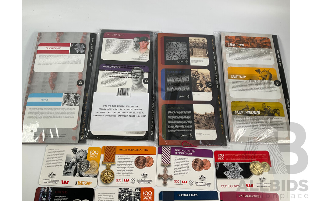 Four Australian RAM ANZAC Coin Albums Including Years 2016 ANZAC to Afghanistan, 2017 Legends of the ANZACS, 2018 ANZACS Remembered, 2018 ANZAC Spirit