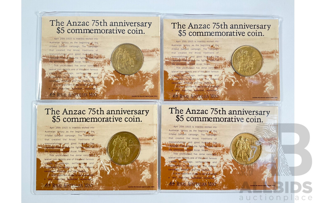 Four Australian RAM 1990 Five Dollar Coins, ANZAC 75th Anniversary