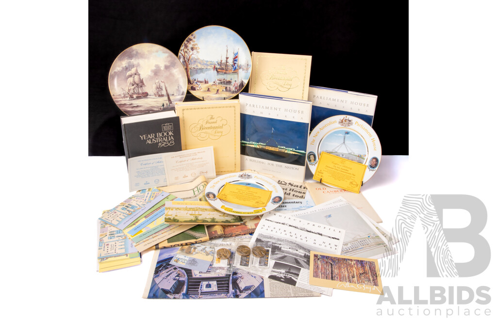 Assortment of Australian 1988 Bicentennial/Parliament House Opening Memorabilia Including Three 1988 Five Dollar Coins, Stamp Packs, Bicentennial Diaries, Limited Edition Westminster Fine China Plates.........