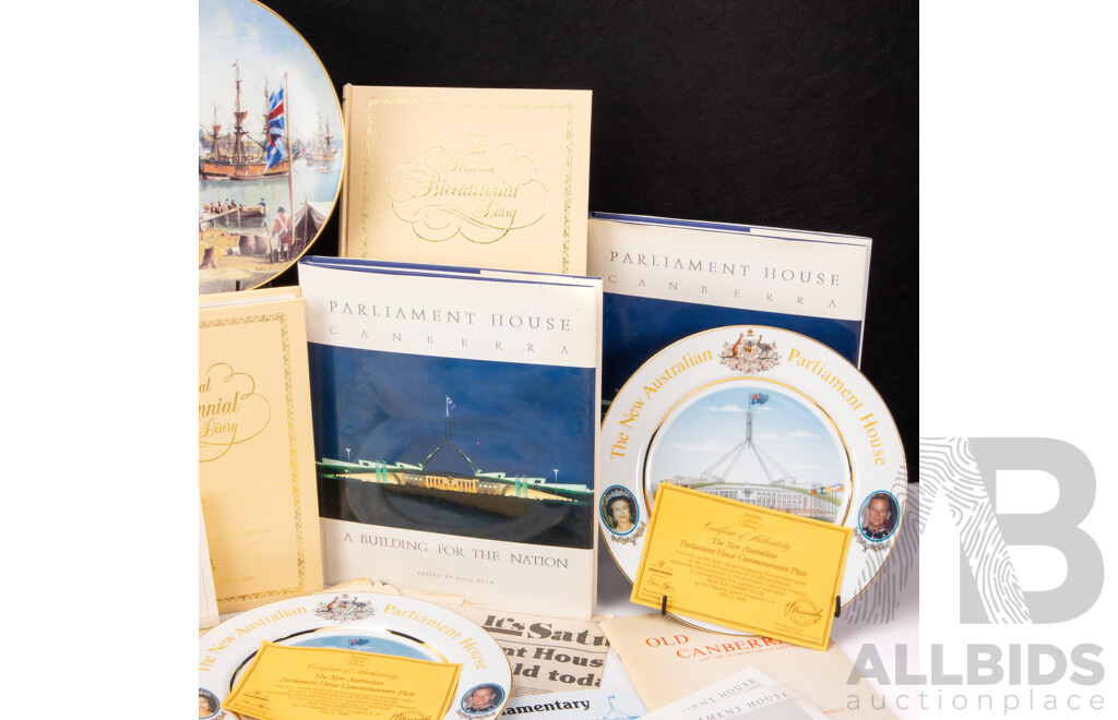 Assortment of Australian 1988 Bicentennial/Parliament House Opening Memorabilia Including Three 1988 Five Dollar Coins, Stamp Packs, Bicentennial Diaries, Limited Edition Westminster Fine China Plates.........