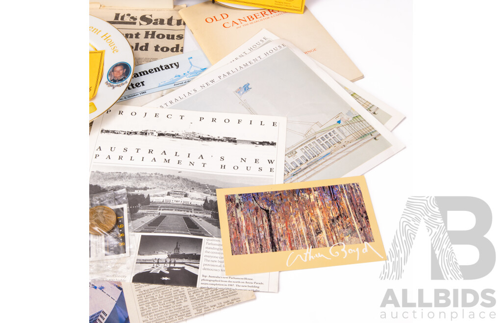 Assortment of Australian 1988 Bicentennial/Parliament House Opening Memorabilia Including Three 1988 Five Dollar Coins, Stamp Packs, Bicentennial Diaries, Limited Edition Westminster Fine China Plates.........