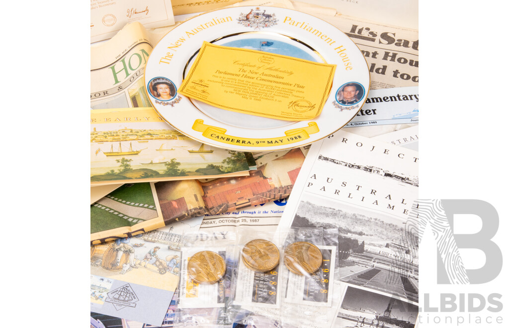Assortment of Australian 1988 Bicentennial/Parliament House Opening Memorabilia Including Three 1988 Five Dollar Coins, Stamp Packs, Bicentennial Diaries, Limited Edition Westminster Fine China Plates.........