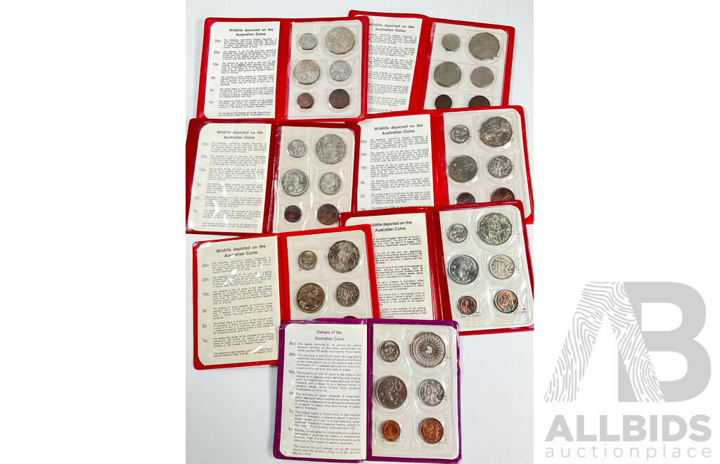 Seven Australian RAM UNC Coin Sets, 1971, 1972, 1973, 1974, 1975, 1976, 1977