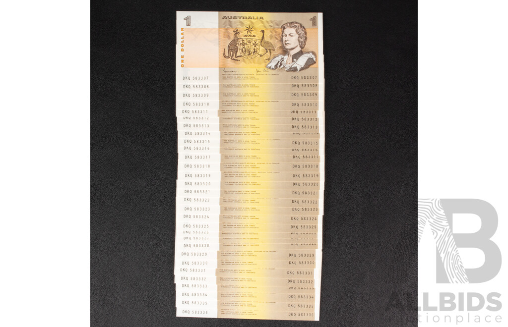 Thirty Australian 1982 One Dollar Notes, Johnston/Stone, Consecutive DKQ 583307 - DKQ 583336