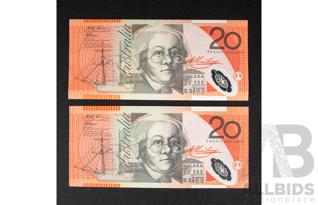 Two UNC Australian 1994 Twenty Dollar Notes, Fraser/Evans, CG 94364759 and BH 94361412