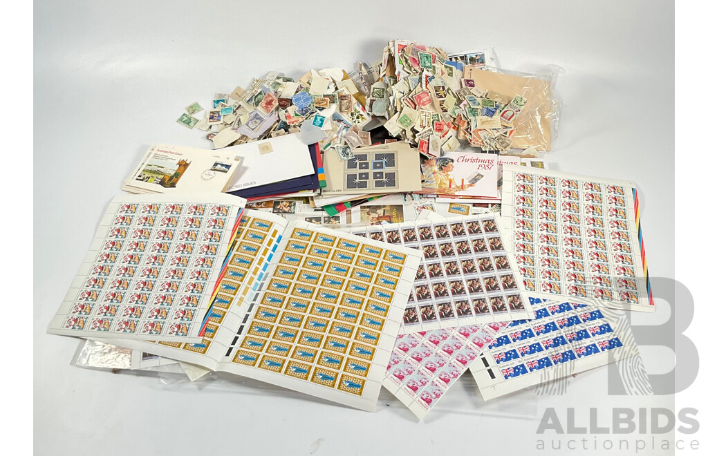 Assortment of Australian Predecimal, 1970's/80's Mint Stamp Sheets and Blocks, Stamp Packs and First Day Covers with Cancelled Vintage International Stamps