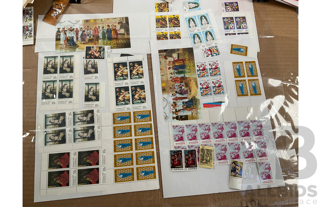 Assortment of Australian Predecimal, 1970's/80's Mint Stamp Sheets and Blocks, Stamp Packs and First Day Covers with Cancelled Vintage International Stamps