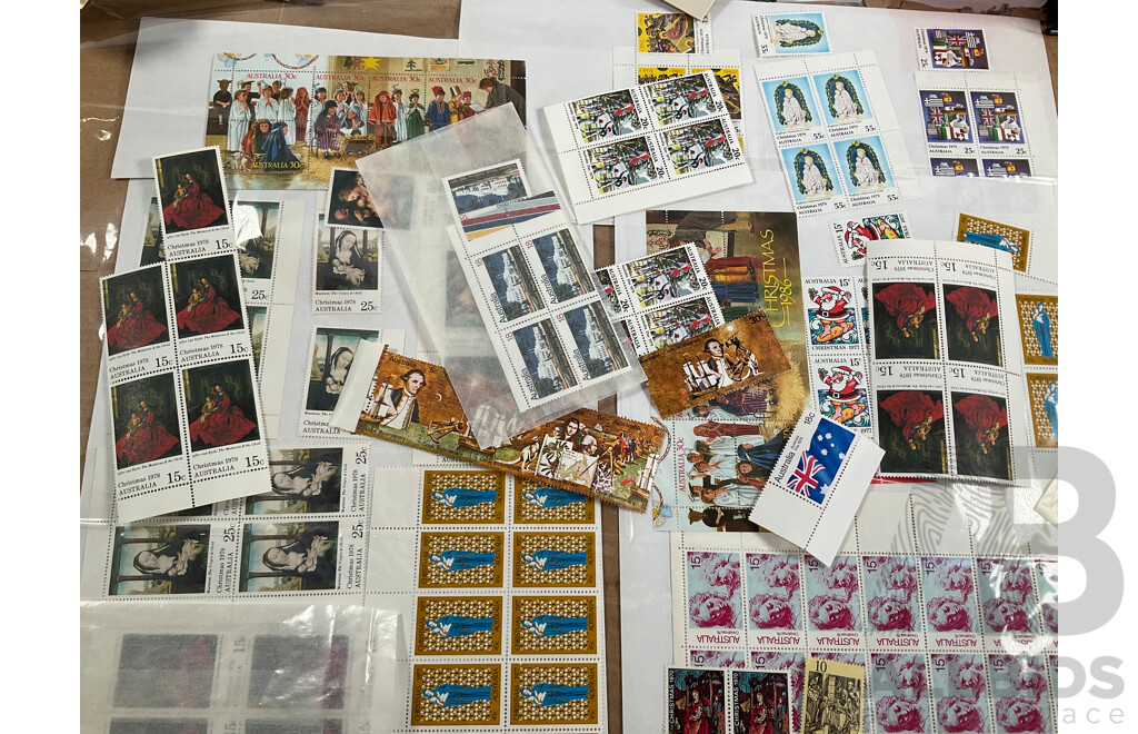 Assortment of Australian Predecimal, 1970's/80's Mint Stamp Sheets and Blocks, Stamp Packs and First Day Covers with Cancelled Vintage International Stamps