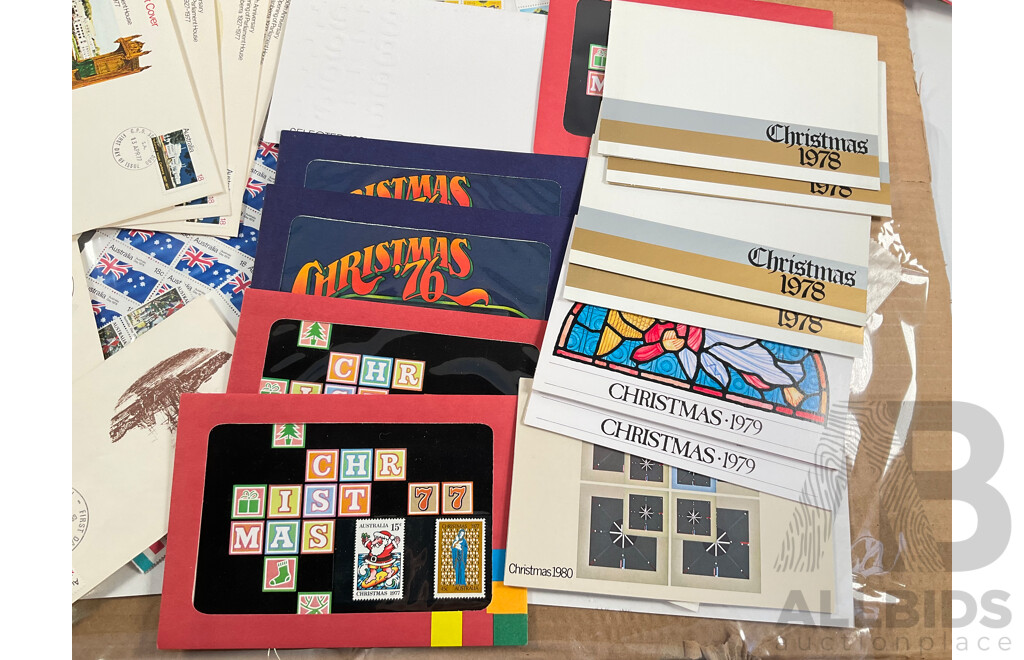 Assortment of Australian Predecimal, 1970's/80's Mint Stamp Sheets and Blocks, Stamp Packs and First Day Covers with Cancelled Vintage International Stamps