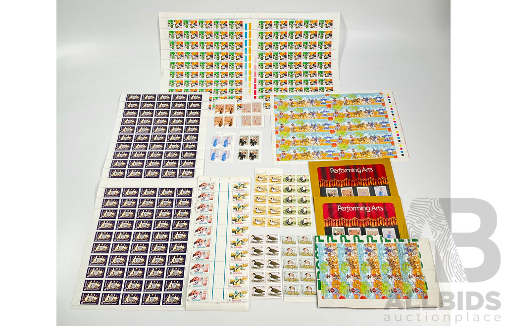 Australian Mint Stamp Sheets, Blocks, Sets and Packs Including 1968 Soil Science Set, 1973 Australian Birds Set, 1976 75th Anniversary of Nationhood, 50th Anniversary ACTU, 1977 Performing Arts Set, 1980 Waltzing Matilda