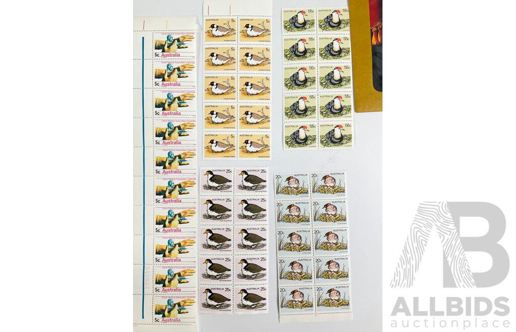 Australian Mint Stamp Sheets, Blocks, Sets and Packs Including 1968 Soil Science Set, 1973 Australian Birds Set, 1976 75th Anniversary of Nationhood, 50th Anniversary ACTU, 1977 Performing Arts Set, 1980 Waltzing Matilda