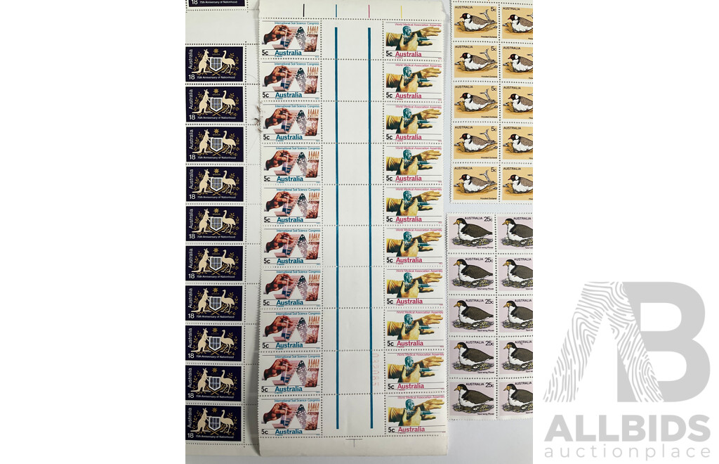 Australian Mint Stamp Sheets, Blocks, Sets and Packs Including 1968 Soil Science Set, 1973 Australian Birds Set, 1976 75th Anniversary of Nationhood, 50th Anniversary ACTU, 1977 Performing Arts Set, 1980 Waltzing Matilda