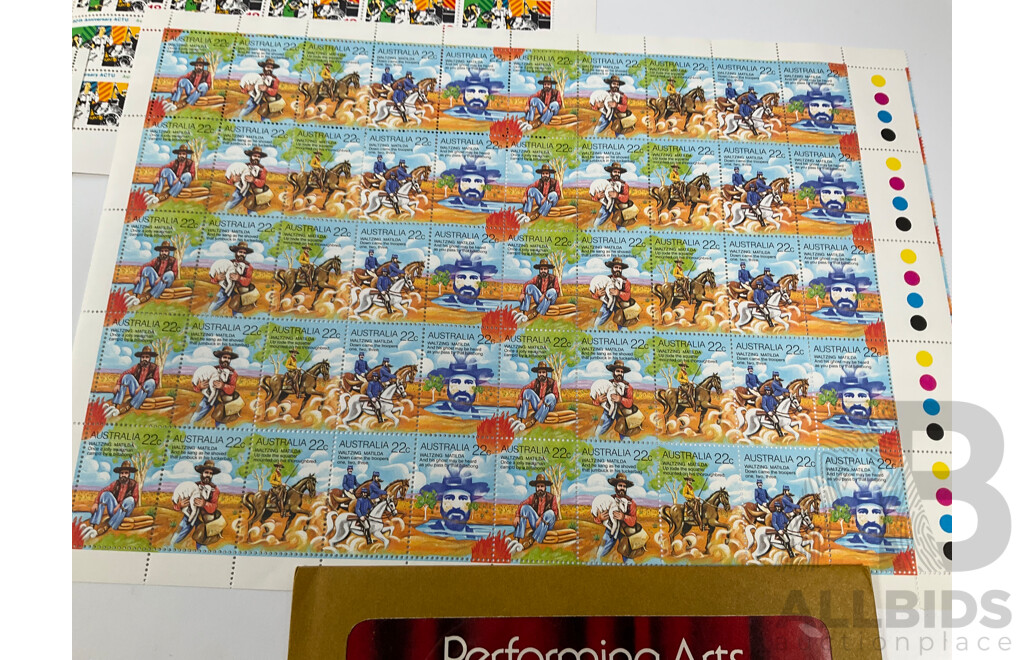Australian Mint Stamp Sheets, Blocks, Sets and Packs Including 1968 Soil Science Set, 1973 Australian Birds Set, 1976 75th Anniversary of Nationhood, 50th Anniversary ACTU, 1977 Performing Arts Set, 1980 Waltzing Matilda