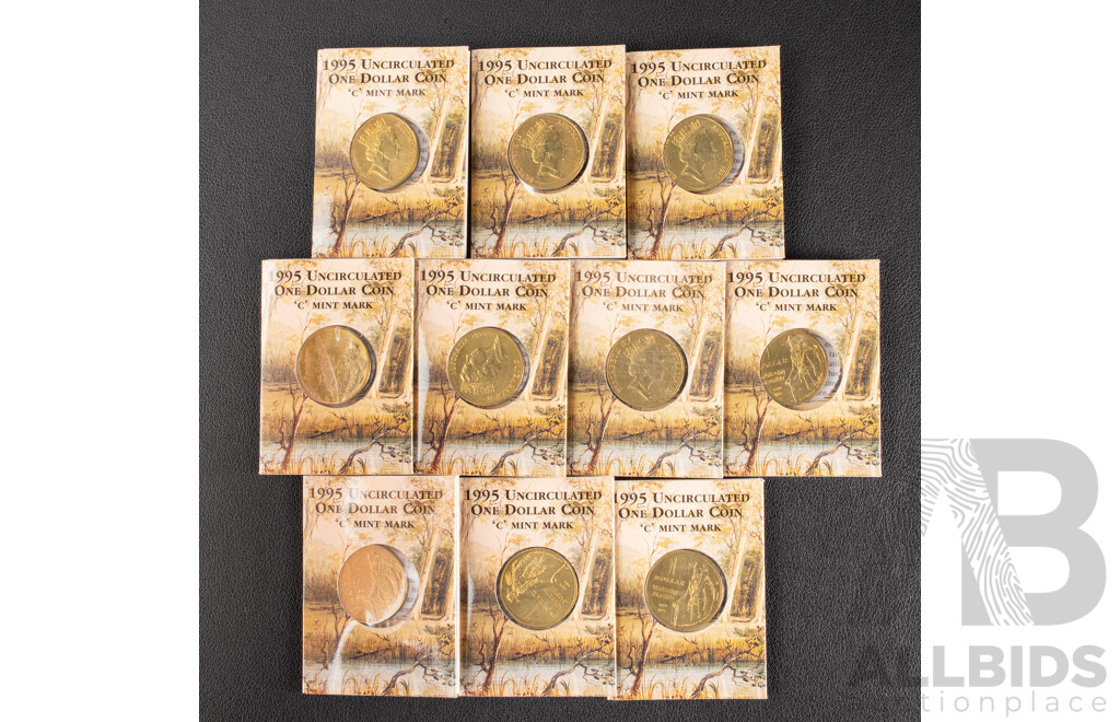 Ten Australian 1995 One Dollar Coins, Waltzing Matilda, All with C Mint Mark