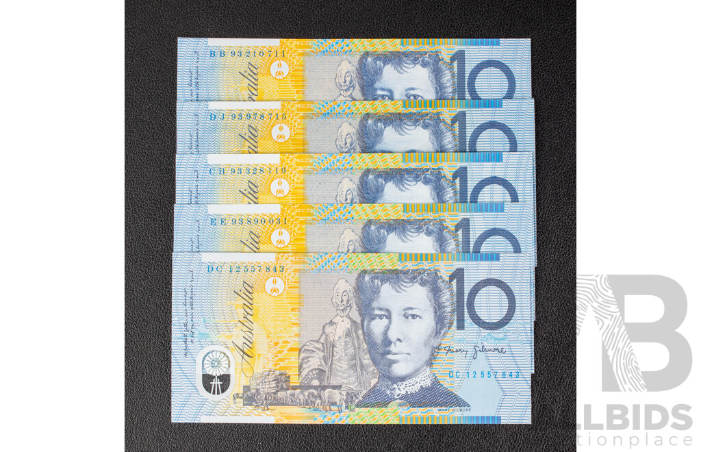 Five Australian Ten Dollar Banknotes Including Four 1993 Fraser /Evans and 1995 Stevens/Parkinsons