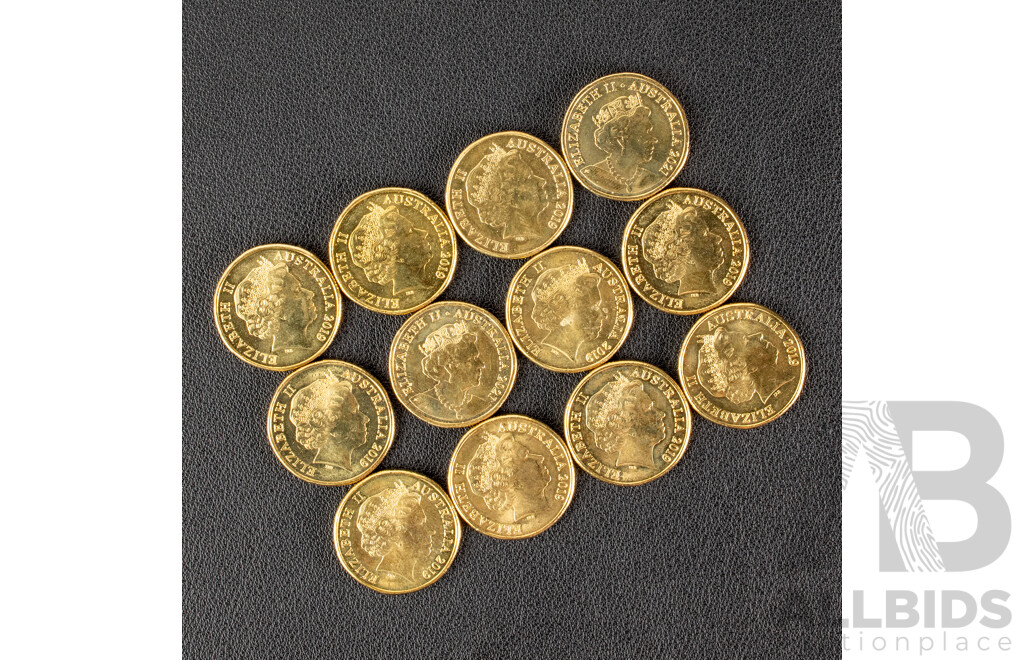 Australian 1984 John West One Dollar Coin and Note in Commemorative Folder with Twelve 2019/2021 One Dollars, Aussie Coin Hunt