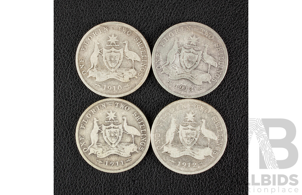 Four Australian KEVII/KGV Silver Florins Including 1910, 1911, 1912, 1913 .925