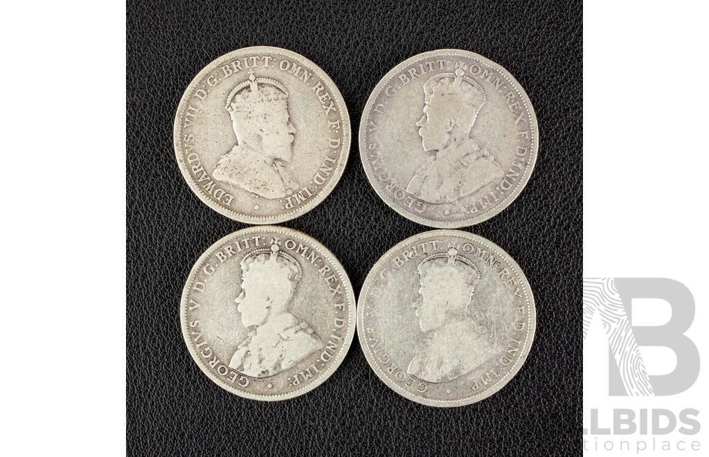 Four Australian KEVII/KGV Silver Florins Including 1910, 1911, 1912, 1913 .925