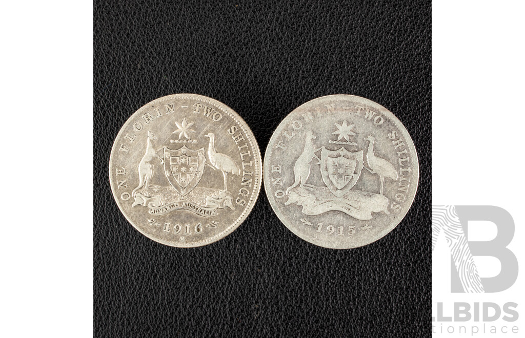 Two Australian KGV Silver Florins, 1915 and 1916M .925