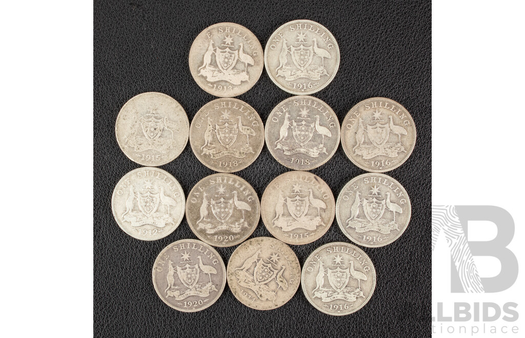 Thirteen Australian KGV Silver Shillings Including 1912, 1913, 1914, 1915, 1915H, 1916M(4) 1918(2) 1920M(2) .925