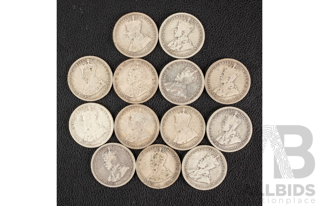 Thirteen Australian KGV Silver Shillings Including 1912, 1913, 1914, 1915, 1915H, 1916M(4) 1918(2) 1920M(2) .925