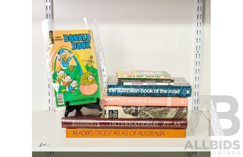 Vintage Books and Comics Including International Encyclopedia Britannica, 1965, Reader's Digest Atlas of Australia with Fold Out Natmap 1977, Australian Book of the Road, Pictorial History of Australia