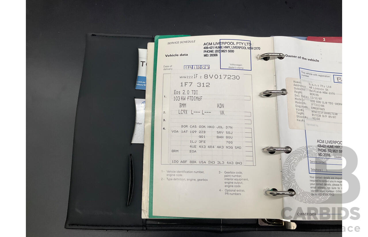 12/2007 Volkswagen EOS 2.0 TDI 1F MY08 2d Convertible Deep Black Pearl Turbo Diesel 2.0L