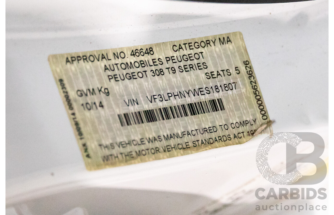 10/2014 Peugeot 308 Active T9 5d Hatchback Bianca White Turbo 1.2L