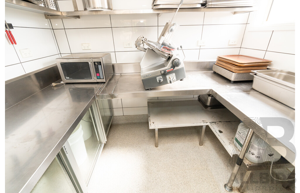 Custom Built U Shaped Stainless Steel Bench with Three Sinks, Hobart Washer, Hobart Garbage Disposal Unit and Skope Under Bench Fridge