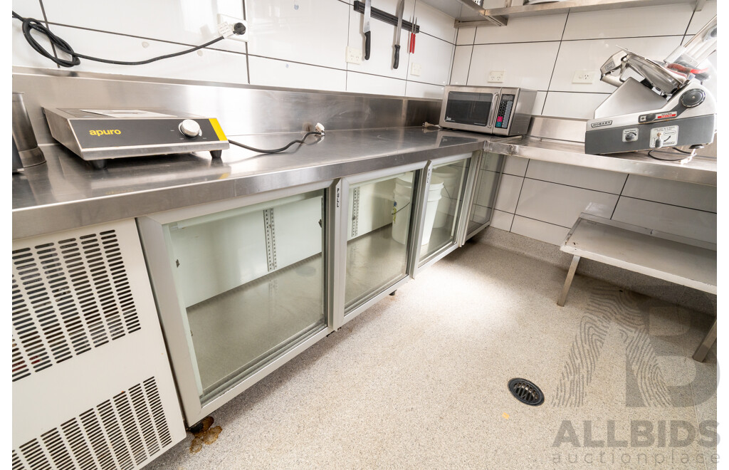 Custom Built U Shaped Stainless Steel Bench with Three Sinks, Hobart Washer, Hobart Garbage Disposal Unit and Skope Under Bench Fridge