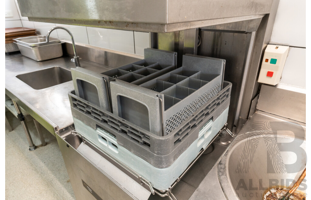 Custom Built U Shaped Stainless Steel Bench with Three Sinks, Hobart Washer, Hobart Garbage Disposal Unit and Skope Under Bench Fridge