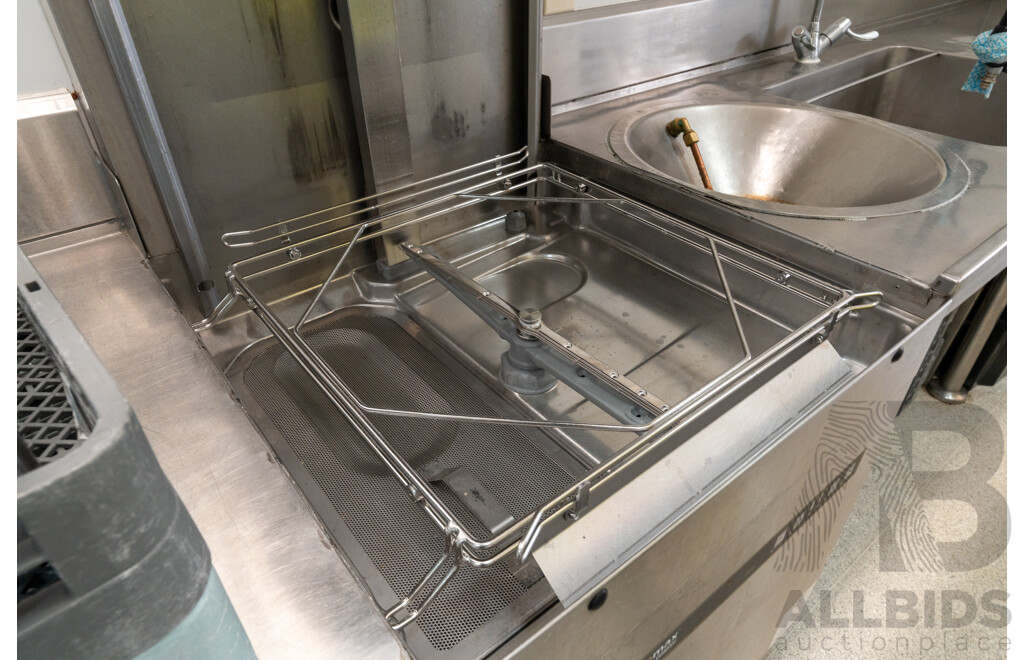 Custom Built U Shaped Stainless Steel Bench with Three Sinks, Hobart Washer, Hobart Garbage Disposal Unit and Skope Under Bench Fridge