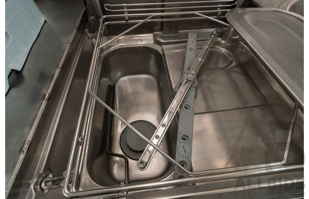 Custom Built U Shaped Stainless Steel Bench with Three Sinks, Hobart Washer, Hobart Garbage Disposal Unit and Skope Under Bench Fridge