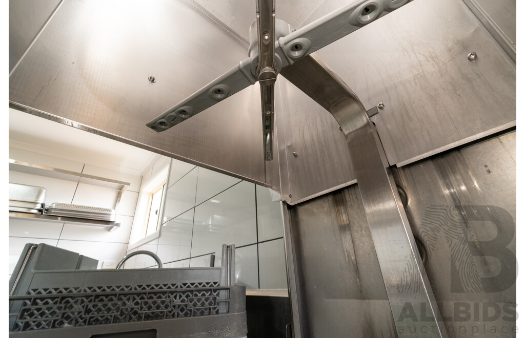 Custom Built U Shaped Stainless Steel Bench with Three Sinks, Hobart Washer, Hobart Garbage Disposal Unit and Skope Under Bench Fridge