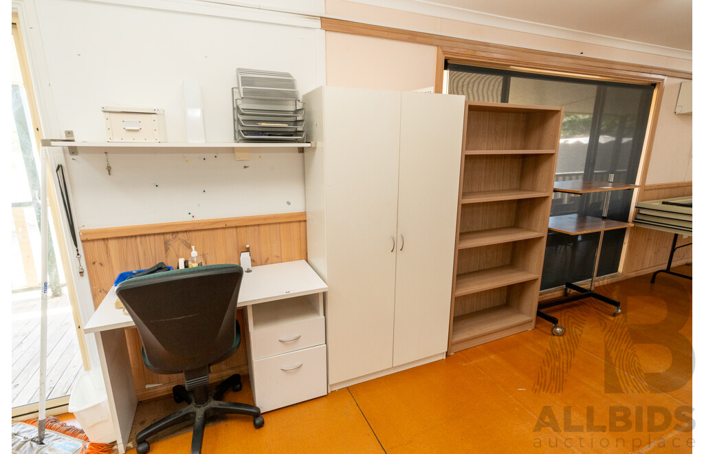 Laminate Desk, Wall Mount Shelf, Cabinet, Bookshelf, Audiovisual Trolley and Ergonomic Chair