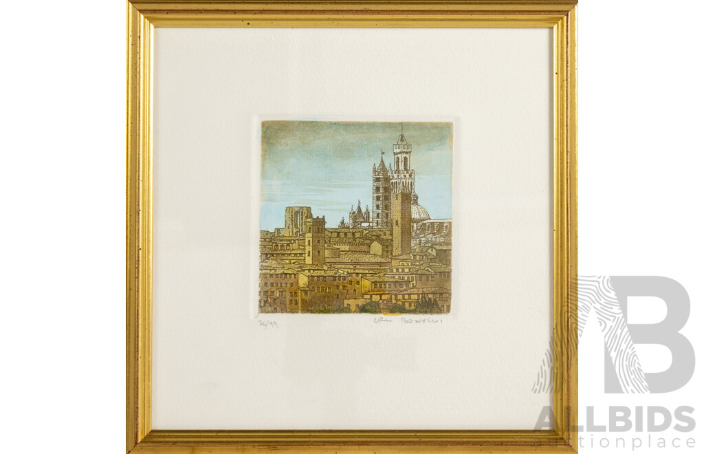 Marco Bonechi (20th Century, Italian, 1944-), Pienze La Pieve [Parish Church] & Siena Panorama, Lovely Pair of Original Engravings; Etching & Acquatints by Hand,  22 x 22 cm (frames) (2)