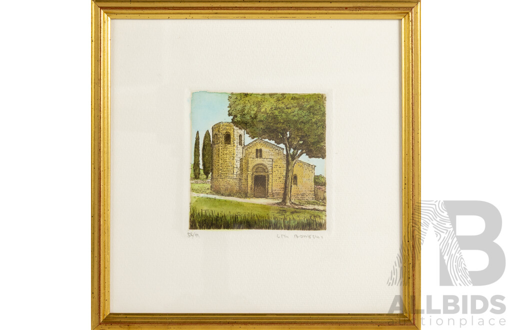 Marco Bonechi (20th Century, Italian, 1944-), Pienze La Pieve [Parish Church] & Siena Panorama, Lovely Pair of Original Engravings; Etching & Acquatints by Hand,  22 x 22 cm (frames) (2)