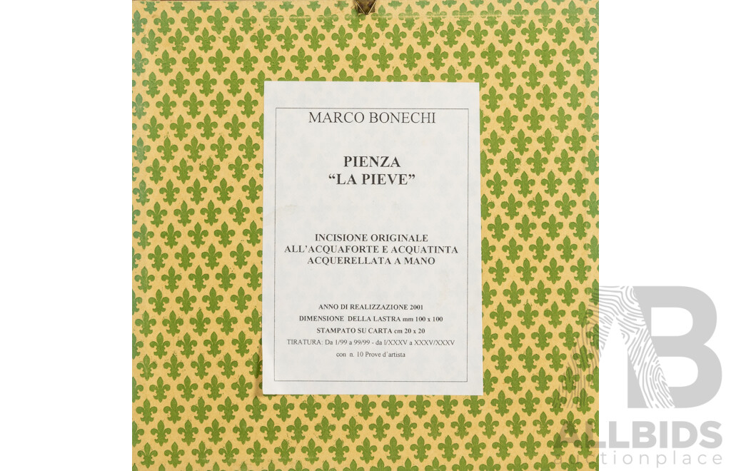 Marco Bonechi (20th Century, Italian, 1944-), Pienze La Pieve [Parish Church] & Siena Panorama, Lovely Pair of Original Engravings; Etching & Acquatints by Hand,  22 x 22 cm (frames) (2)