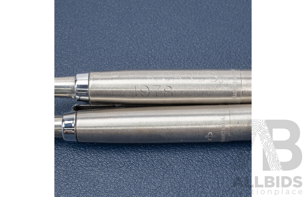 Pair of Vintage Parker Stainless Steel Ball Point Pens in Presentation Case