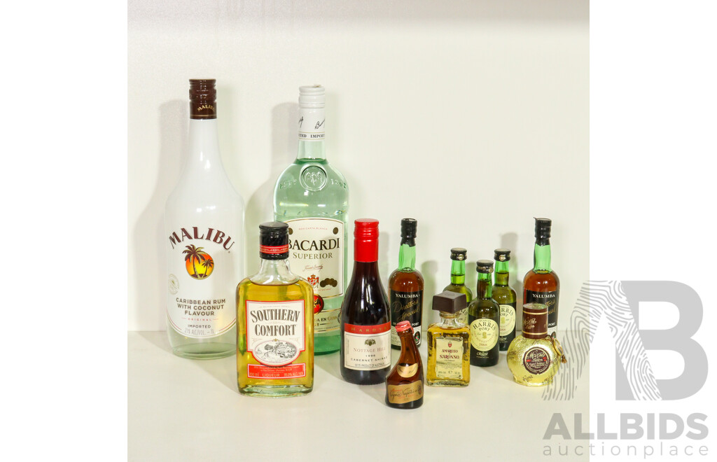 Collection of Alcoholic Beverages Including Malibu, Bacardi, Southern Comfort, Mozart Liquer & Amaretto