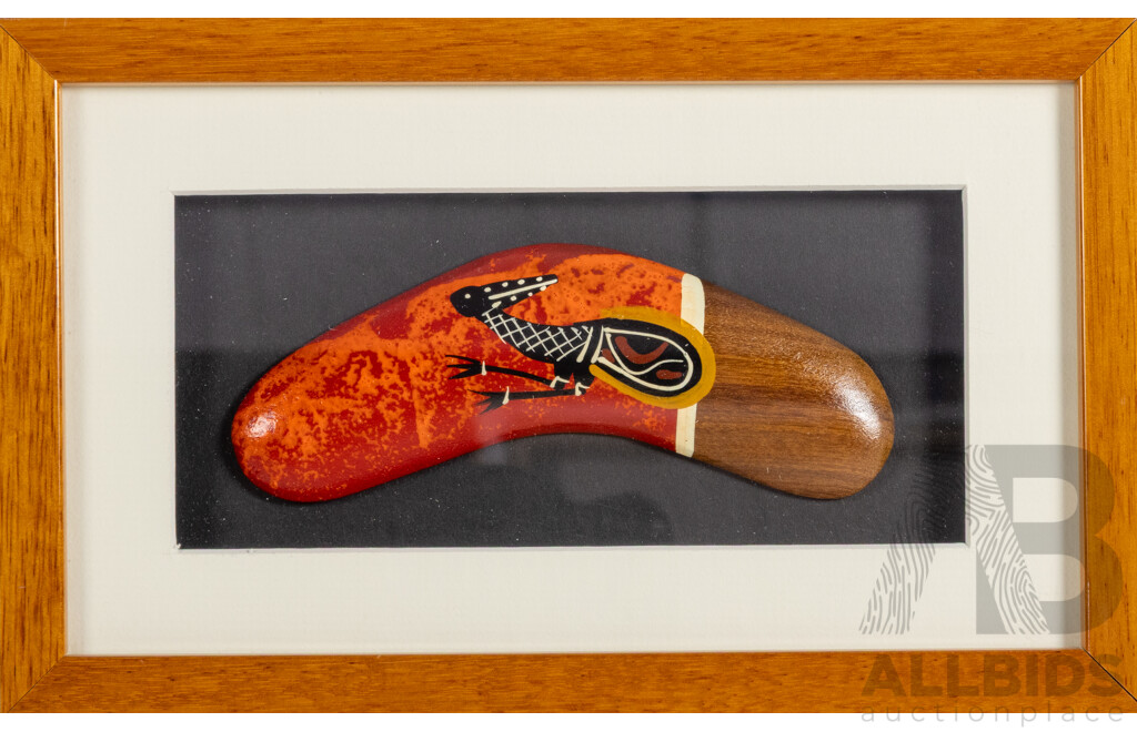 Lionel Phillips (20th Century, Indigenous-Australian), Spirit Bird, Hand Painted Acrylic on Wooden Boomerang, 16 x 26 cm (frame)