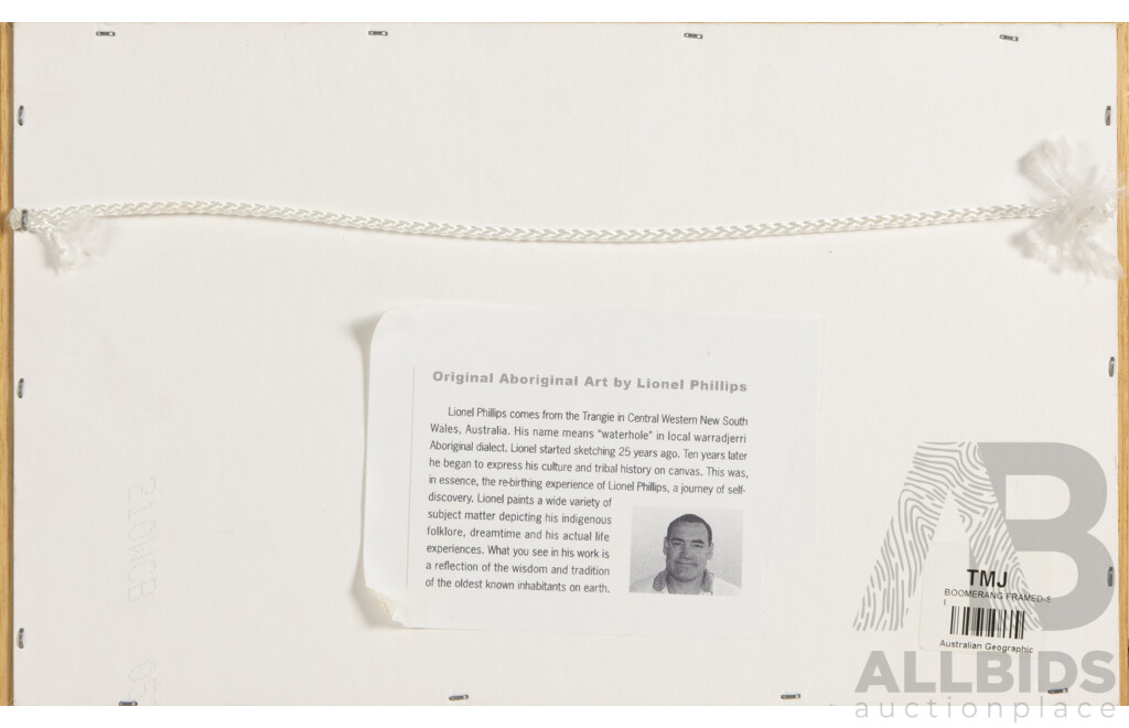 Lionel Phillips (20th Century, Indigenous-Australian), Spirit Bird, Hand Painted Acrylic on Wooden Boomerang, 16 x 26 cm (frame)