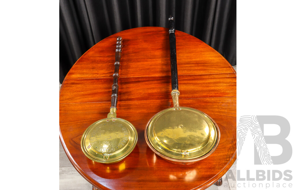 Pair of Good Reproduction Graduated Brass and Timber Bed Warmers
