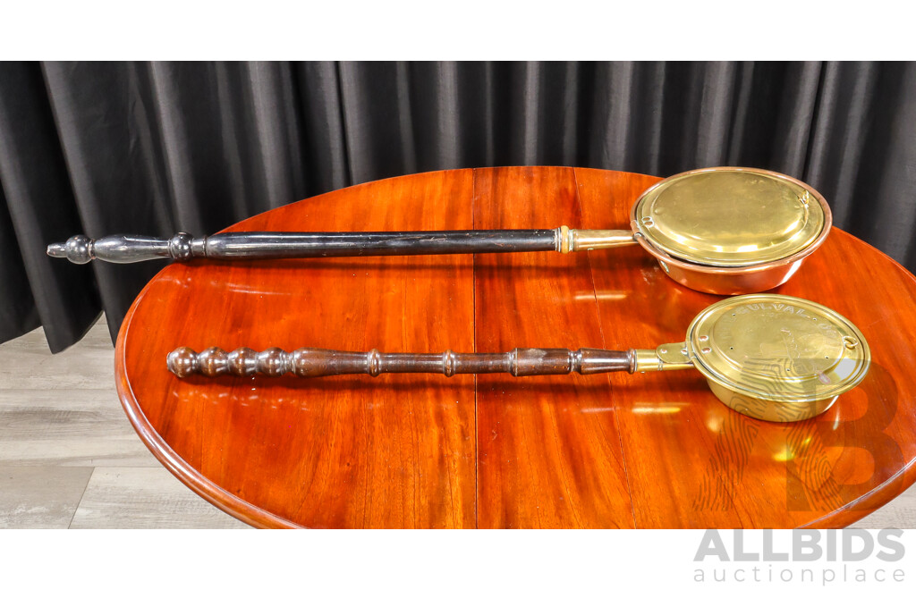 Pair of Good Reproduction Graduated Brass and Timber Bed Warmers