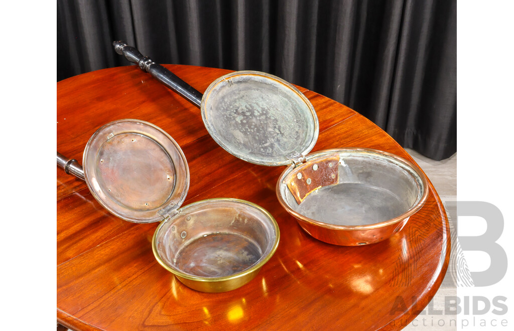 Pair of Good Reproduction Graduated Brass and Timber Bed Warmers