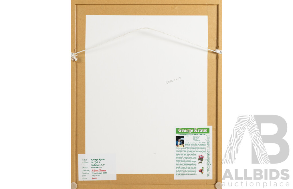 George Kraus (20th Century, Australian), Alpine Flowers (2013), Lovely Original Watercolour, 52 x 42 cm (frame)