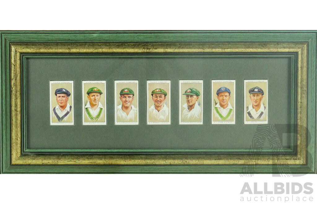 Absolutely Wonderful Selection of John Player & Sons Cigarette Cards Showcasing 1934 Australian Cricketers and Featuring Donald Bradman , 22 x 48 cm (frame)